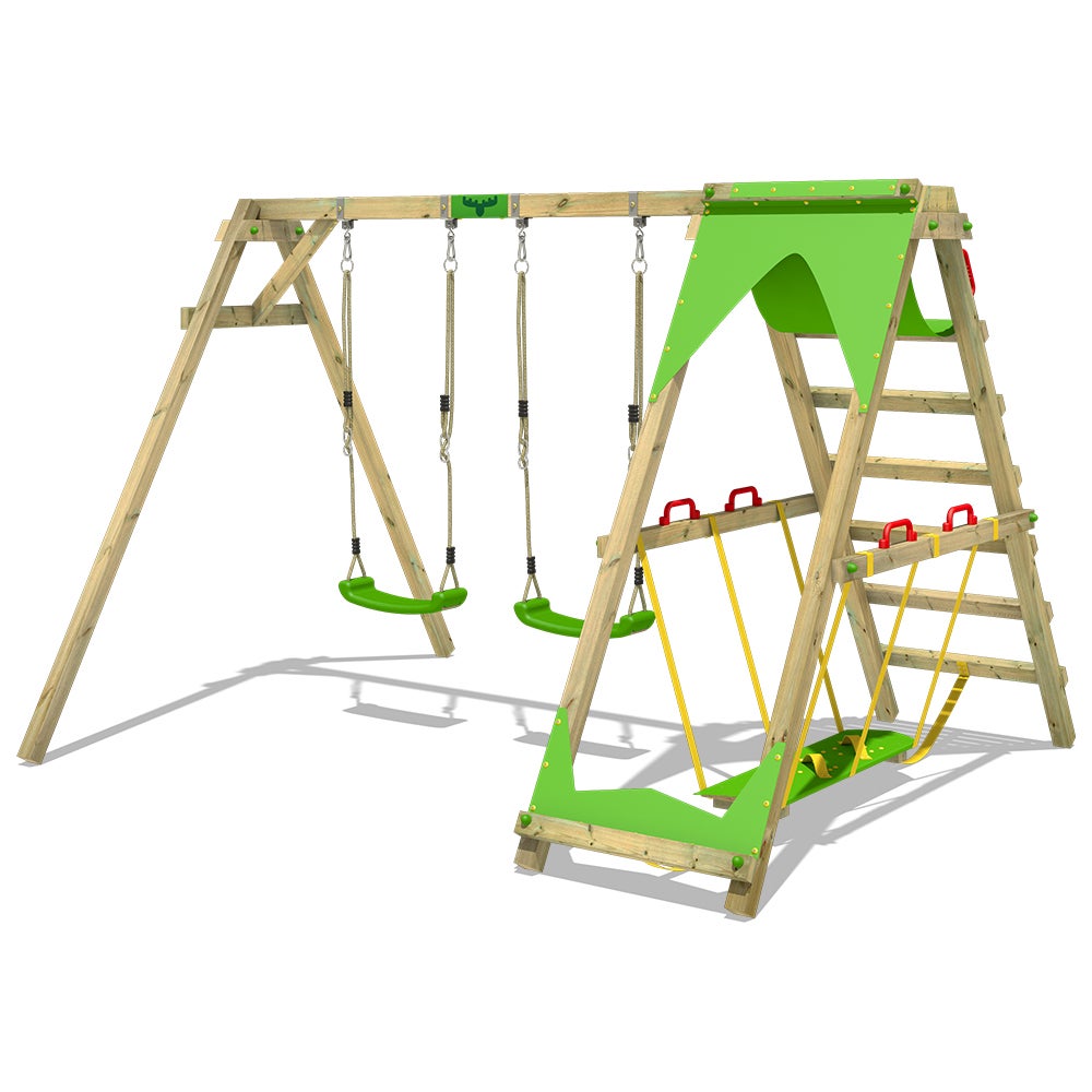 FATMOOSE Kinderschommelset JollyJade Schommel, Schommelframe, Dubbele Schommel, Houten Schommel met Klimopbevestiging - Appelgroen