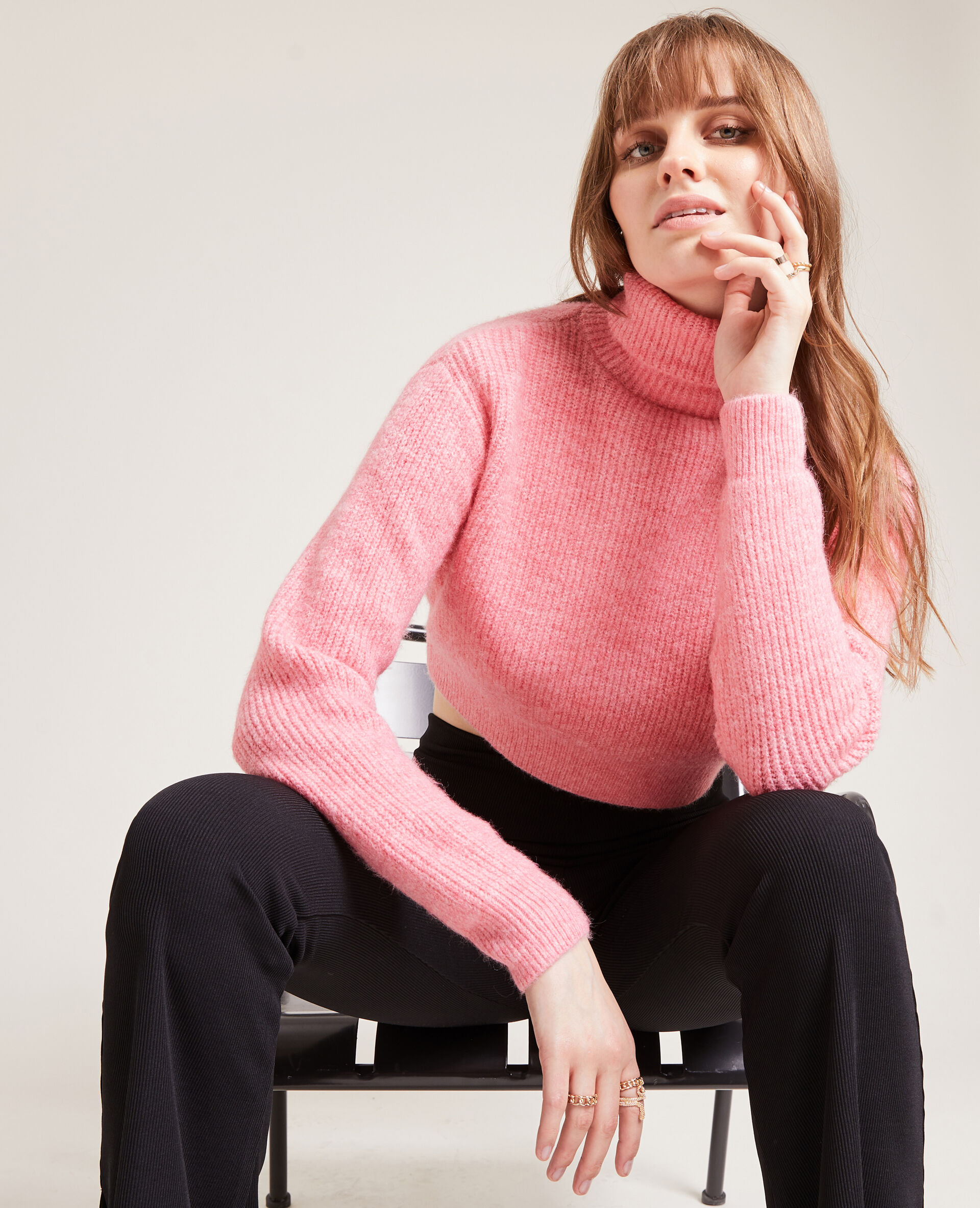 Pull cropped col roulé - Rose