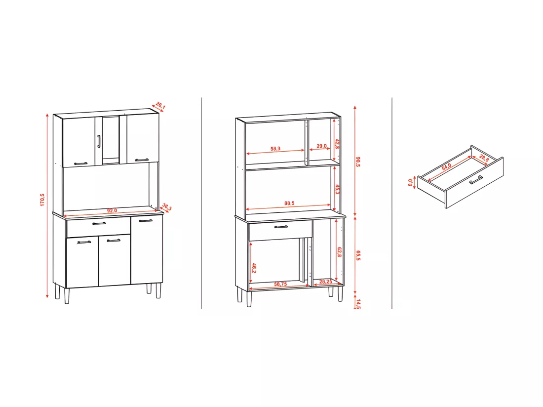 Buffet de Cuisine 6 Portes 1 Tiroir Chêne et Blanc 5 Niches L92 H170.5 P36.3 cm