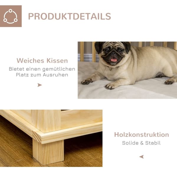Hundebur, Dyrebur I Tre, Dyrebur For Mellomstore Hunder, Hundehus Med Pute, Hundeboks, Naturlig Tre + Kremhvit, 82,5 X 57 X 72 Cm
