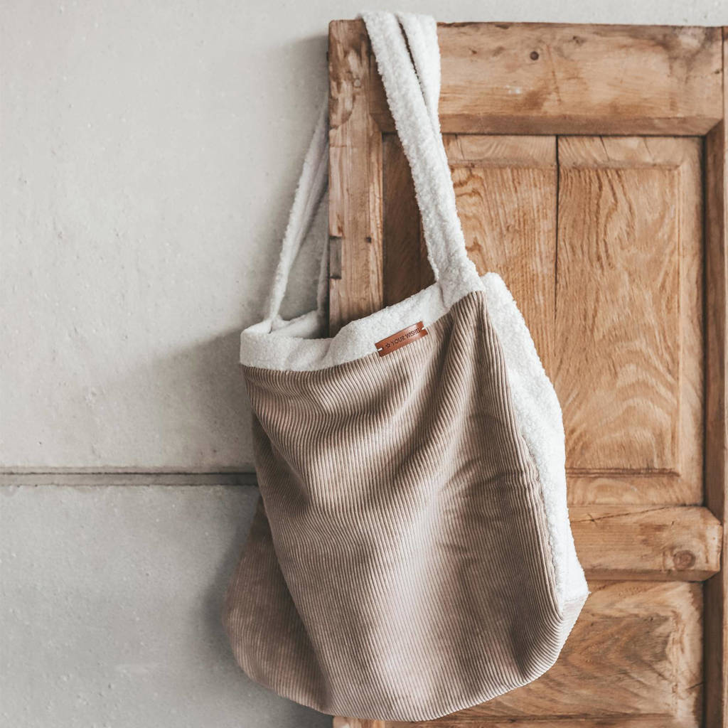 Mommy Tote Bag grote luiertas met rib en teddy taupe/wit