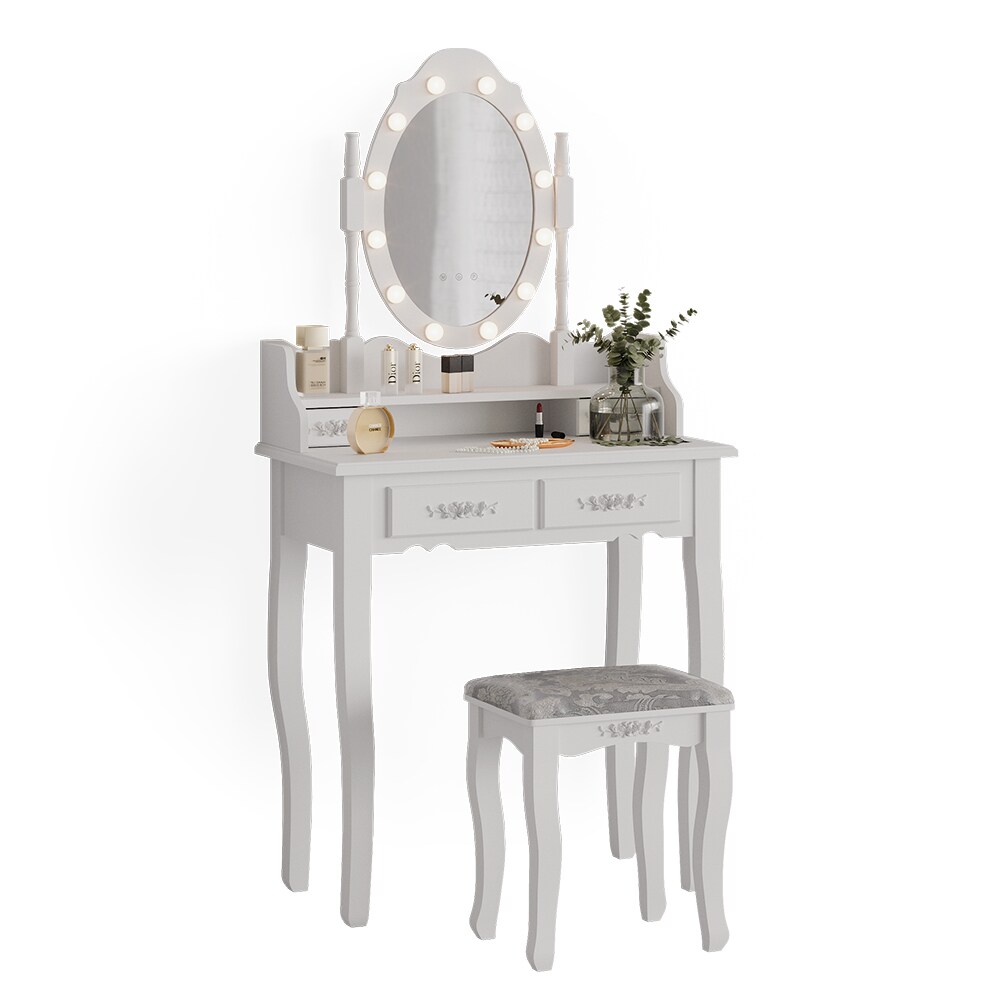Vicco Schminktisch Frisiertisch Kosmetiktisch Maggie Weiß Schminkspiegel Hocker 75x147 Barock LED Beleuchtung Schlafzimmerkommode Schminkkommode Schublade Aufbewahrung Frisierkommode Make-Up-Tisch