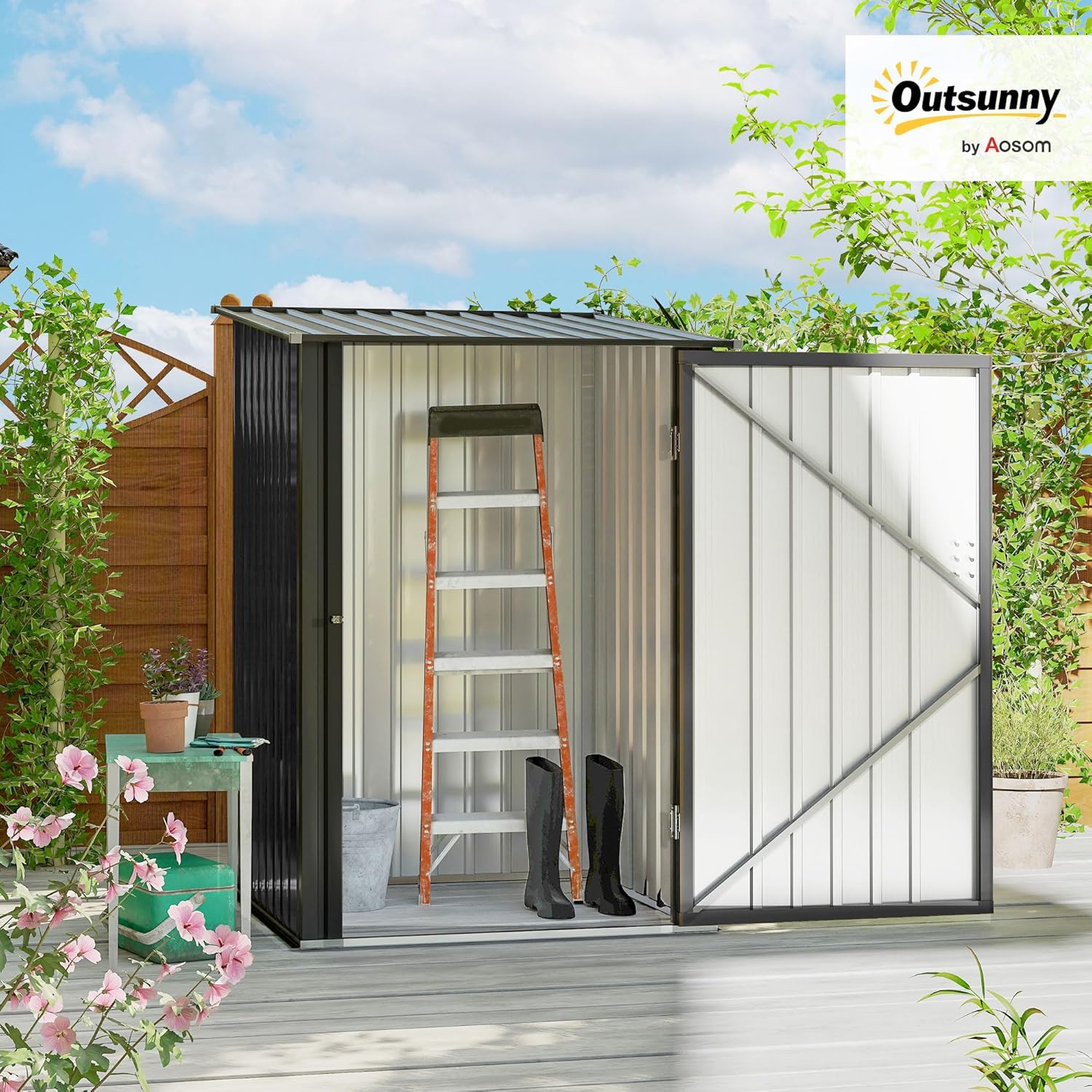 Outsunny Metall Gerätehaus 0,92 m² 100x103x160cm Geräteschuppen mit Pultdach Abschließbarer Tür Gartenhaus Outdoor Garten Schuppen Schrank für Hinterhof Außenbereich Dunkelgrau