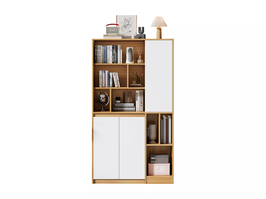 Bibliothèque avec 3 portes et étagères réglables - 90 x 35,5 x 160 cm - Panneaux de particules - Blanc + Chêne clair