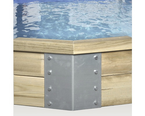 Opbouw houten zwembadset Weka 594 rechthoekig 714x376x116 cm inclusief zandfiltersysteem, ingebouwde skimmer, filterzand, bodembeschermvlies & technische ruimte inclusief houten trap met leuning