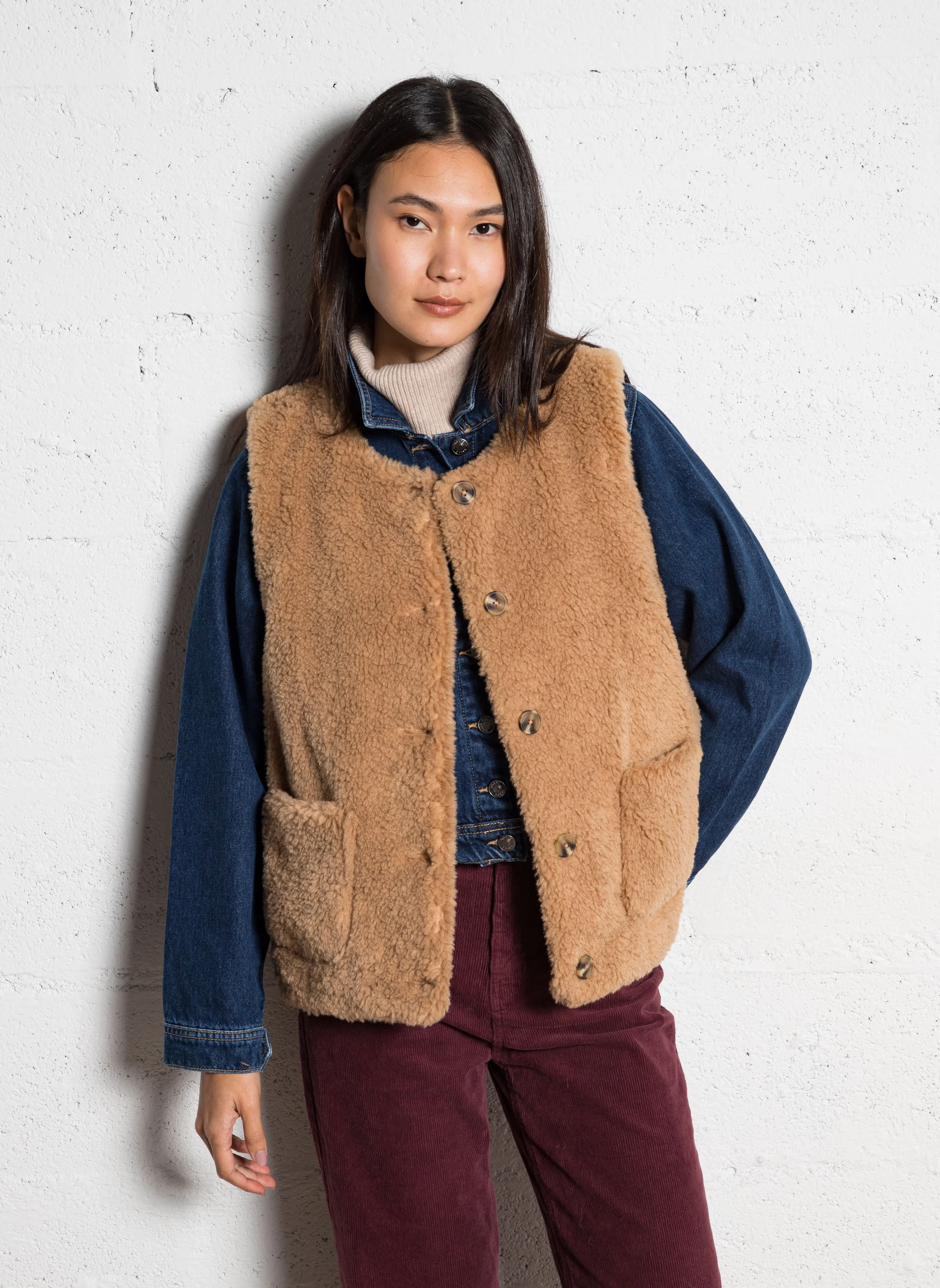 GLADYM - Veste col rond effet fourrure| Marron