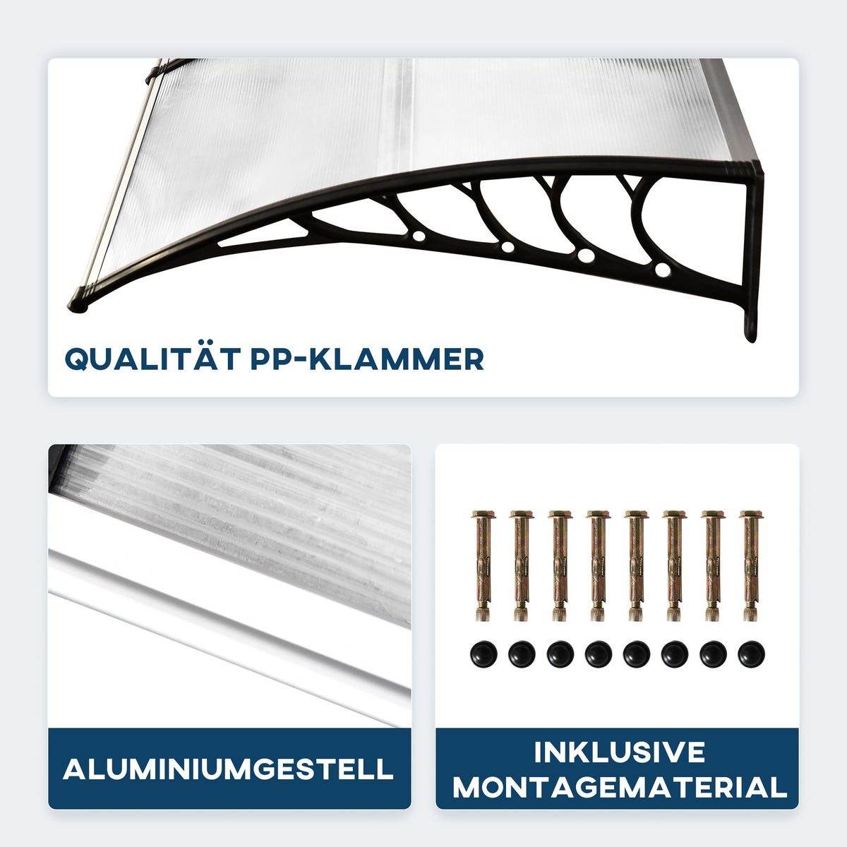 Outsunny Voordeurluifel 90 x 295 cm, Schuine boogluifel met UV-bescherming, Polycarbonaat zonwering en regenbescherming voor buitengebruik, Wit