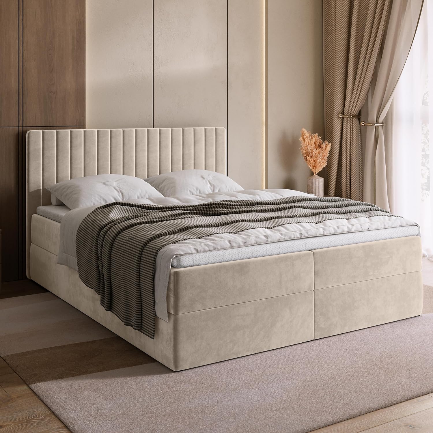 BROMARKT Boxspringbett mit Bettkasten Polsterbett mit Bonell-Matratze und Topper Doppelbett mit Stauraum Bett für Schlafzimmer gepolstertes Kopfteil Dream 140x200 Härtegrad H3 Samtstoff Beige