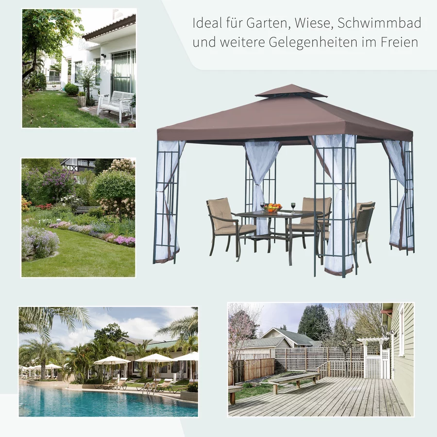 Outsunny Gartenpavillon mit Doppeldach kaffeebraun, weiß, schwarz