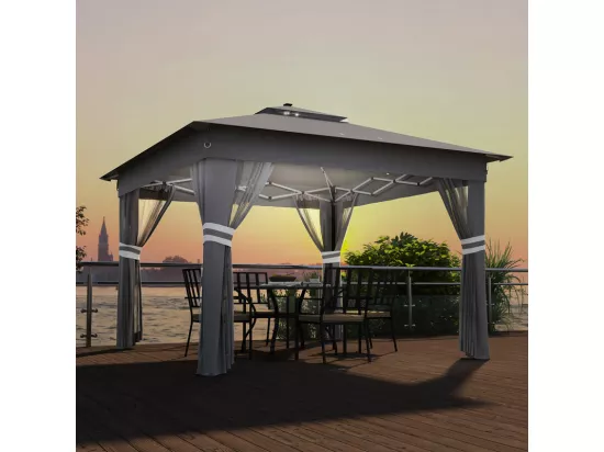 Tonnelle Portable 3 x 3 m, Pop-up, avec LED solaire, 4 rideaux, double toit, hauteur réglable, sac de rangement avec roues