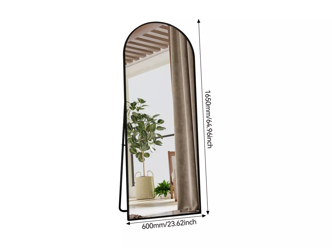 Miroir pleine longueur 165 x 60 cm, sur pied, suspendu ou appuyé, grand miroir de sol avec cadre en alliage d'aluminium noir pour salon ou chambre à coucher, Arc