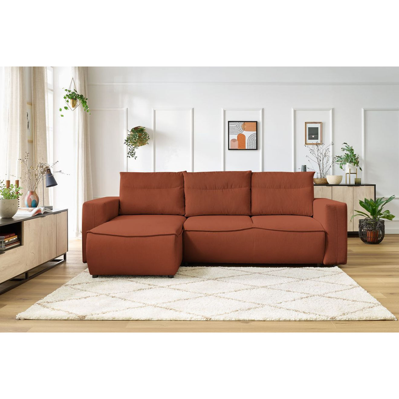 Bobochic Canapé d'angle gauche convertible coffre jasmin velours côtelé orange - 256x158x90 cm