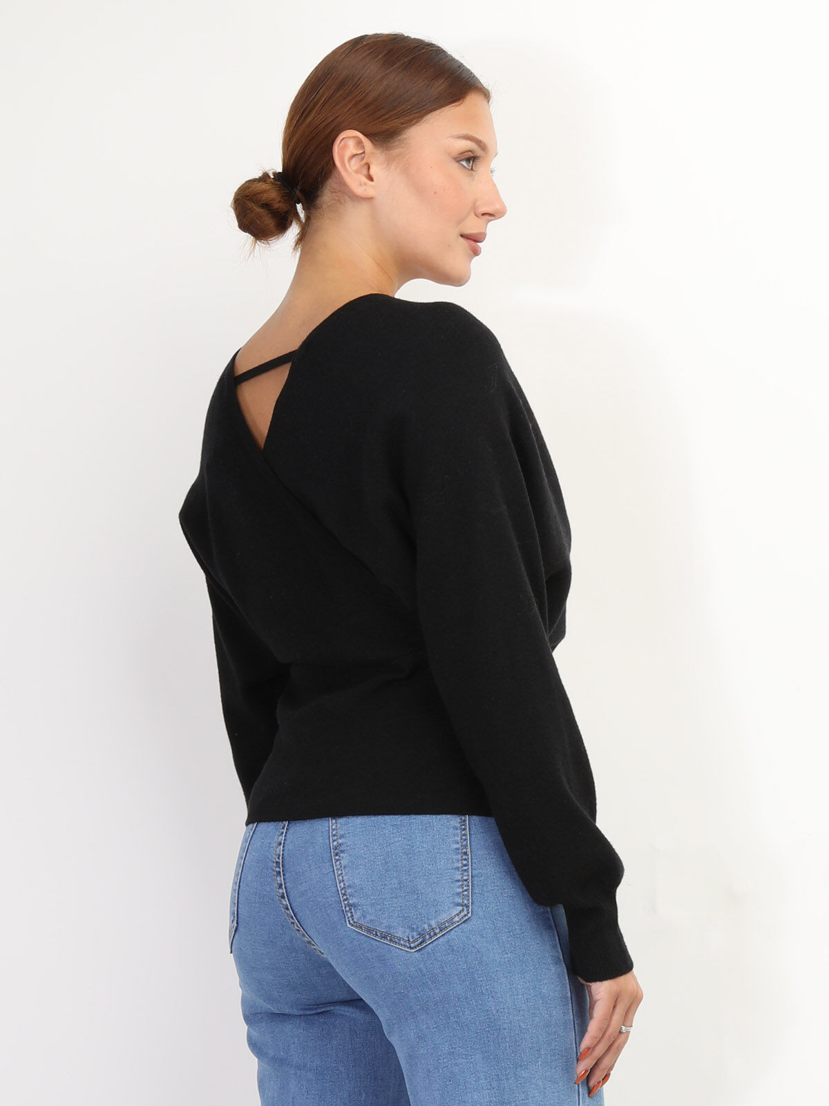 Pull en maille à col cache coeur- Noir