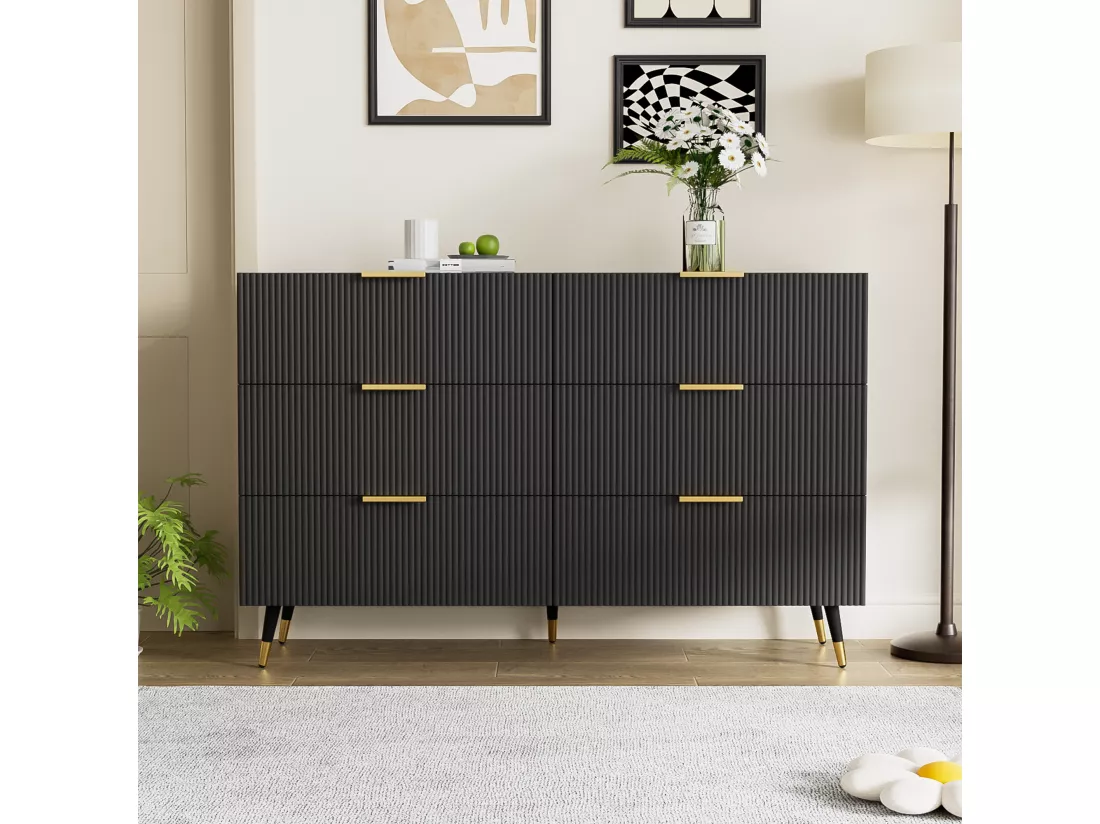 Commode avec 6 tiroirs - 120 x 40 x 77 cm - Panneaux de particules - pour salon, chambre - Couleur noir