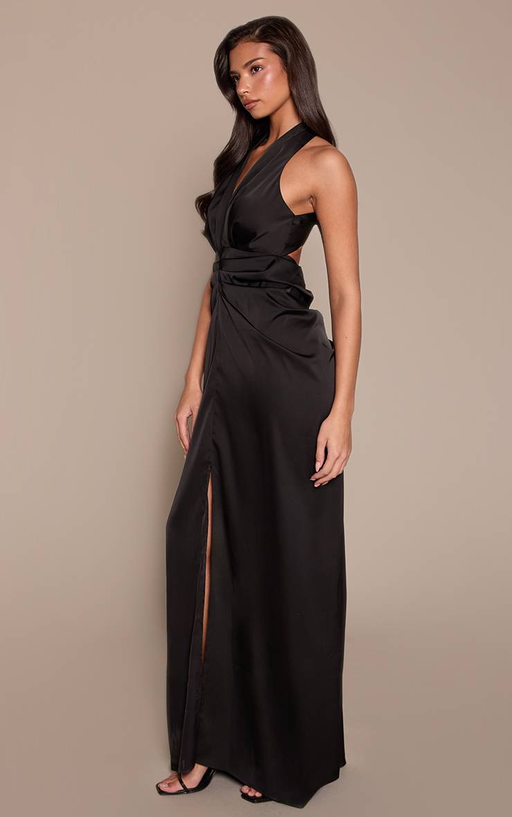 Noir Robe Longue Plongeante En Satin Avec Détails Froncés