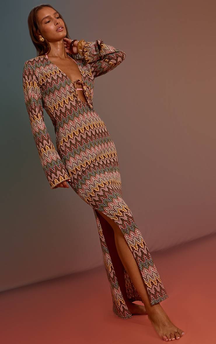 Multicolore Robe Maxi De Plage À Manches Longues En Jacquard