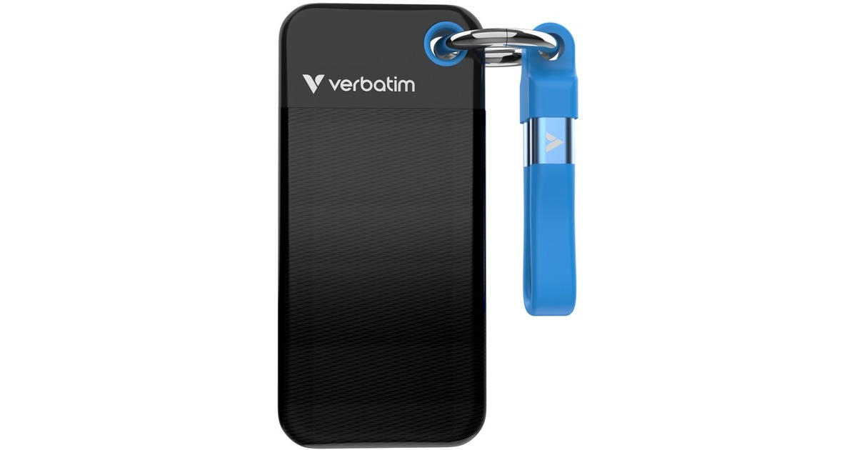 VerbatimPocket 2 TB externe SSD  (Zwart/blauw, USB-C 3.2 Gen 2 (10 Gbit/s), Incl. met sleutelhanger en kabelbevestiging)