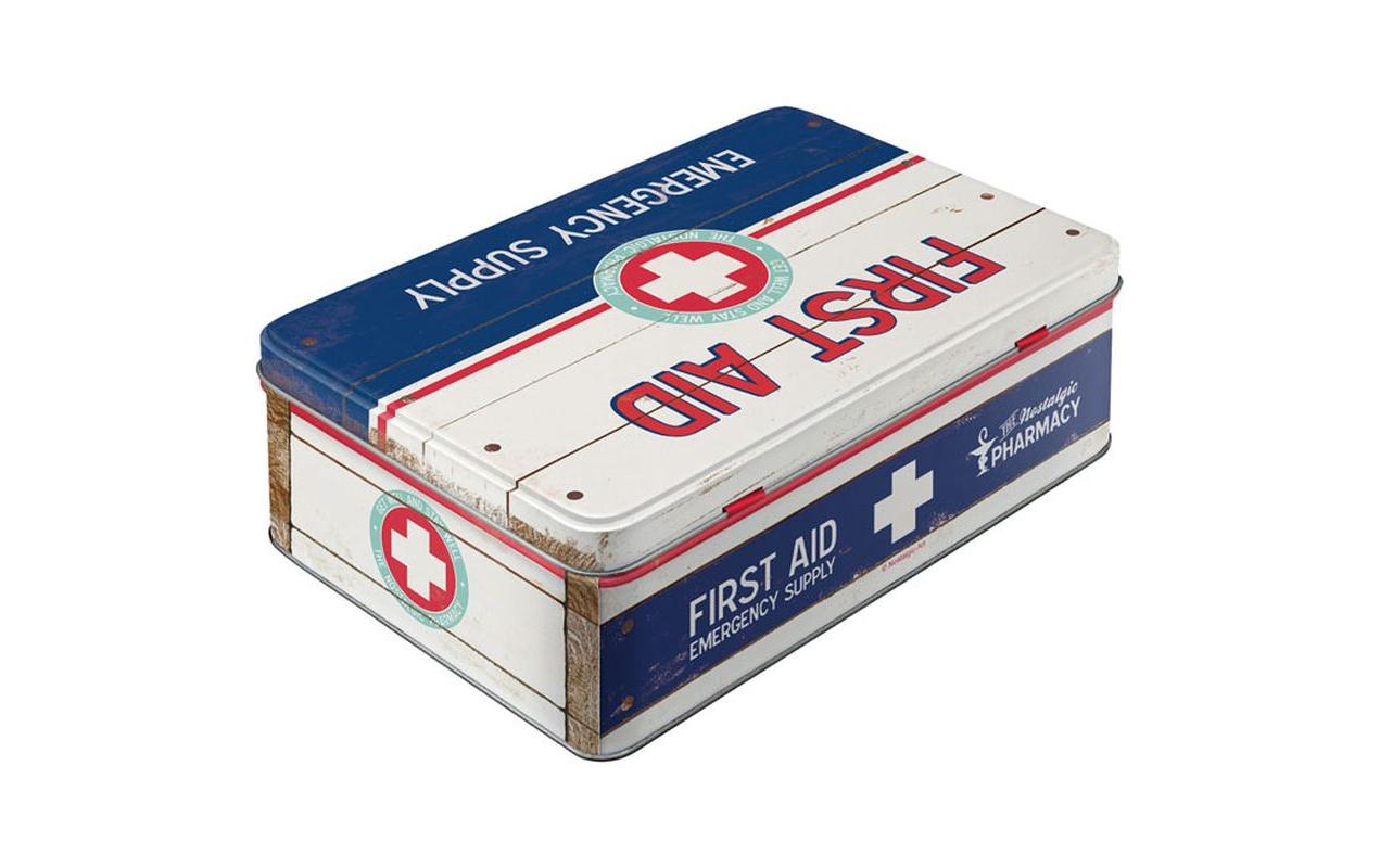 Medikamentenbox First Aid Blau/Rot/WeissAufbewahrungsbox im retro Design