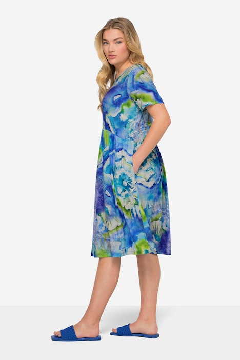 Jerseykleid, Batik-Blüten, V-Ausschnitt, Halbarm