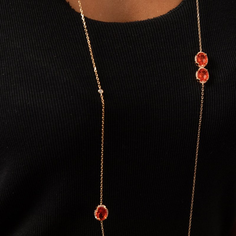 Collier Argent Sautoir Dore Multi Solitaires Orange Serti