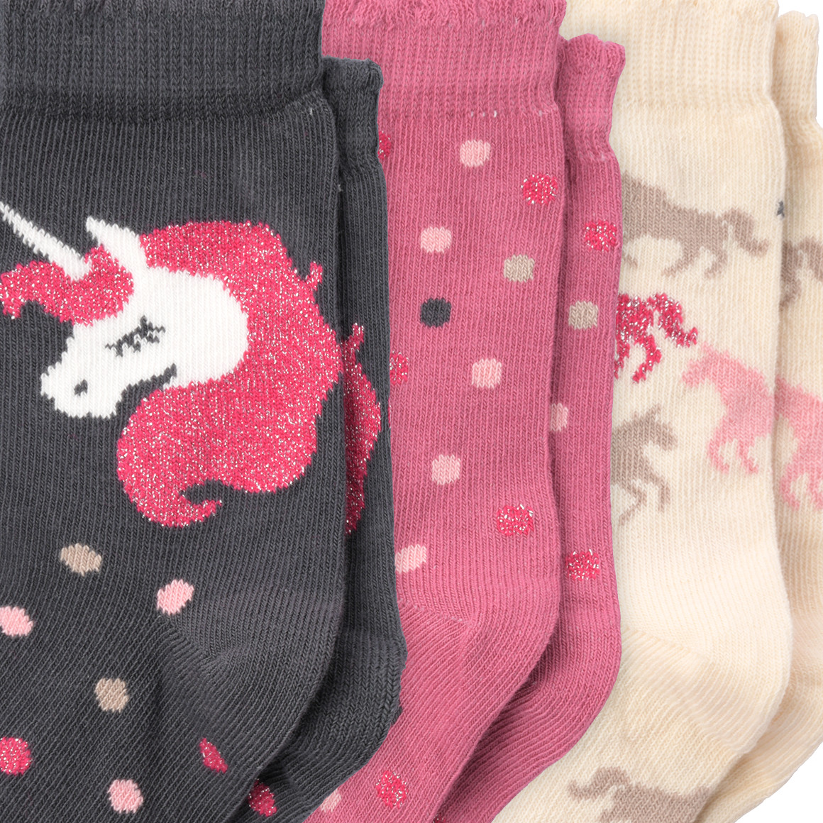 Topolino 3 Paar Mädchen Socken mit Einhorn-Motiven beige / pink / dunkelgrau