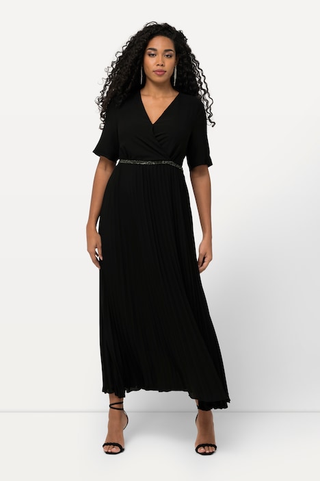 Maxikleid, Plissee, Wickeloptik, V-Ausschnitt, Halbarm