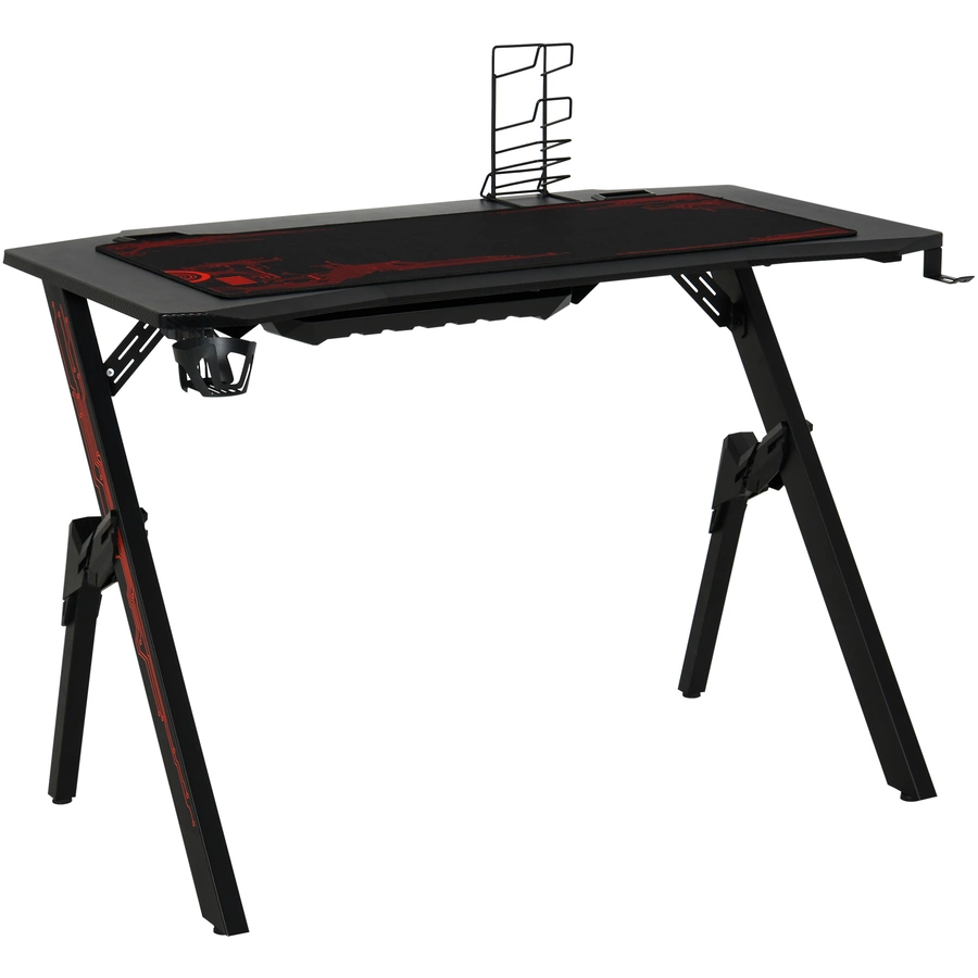 HOMCOM Gamingtisch mit Headset-Haken und Getränkehalter rot, schwarz