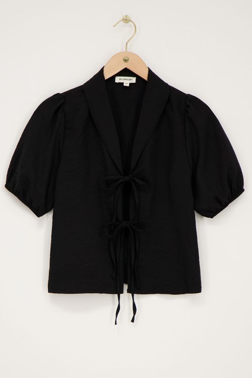 Zwarte linnen look top met strikjes