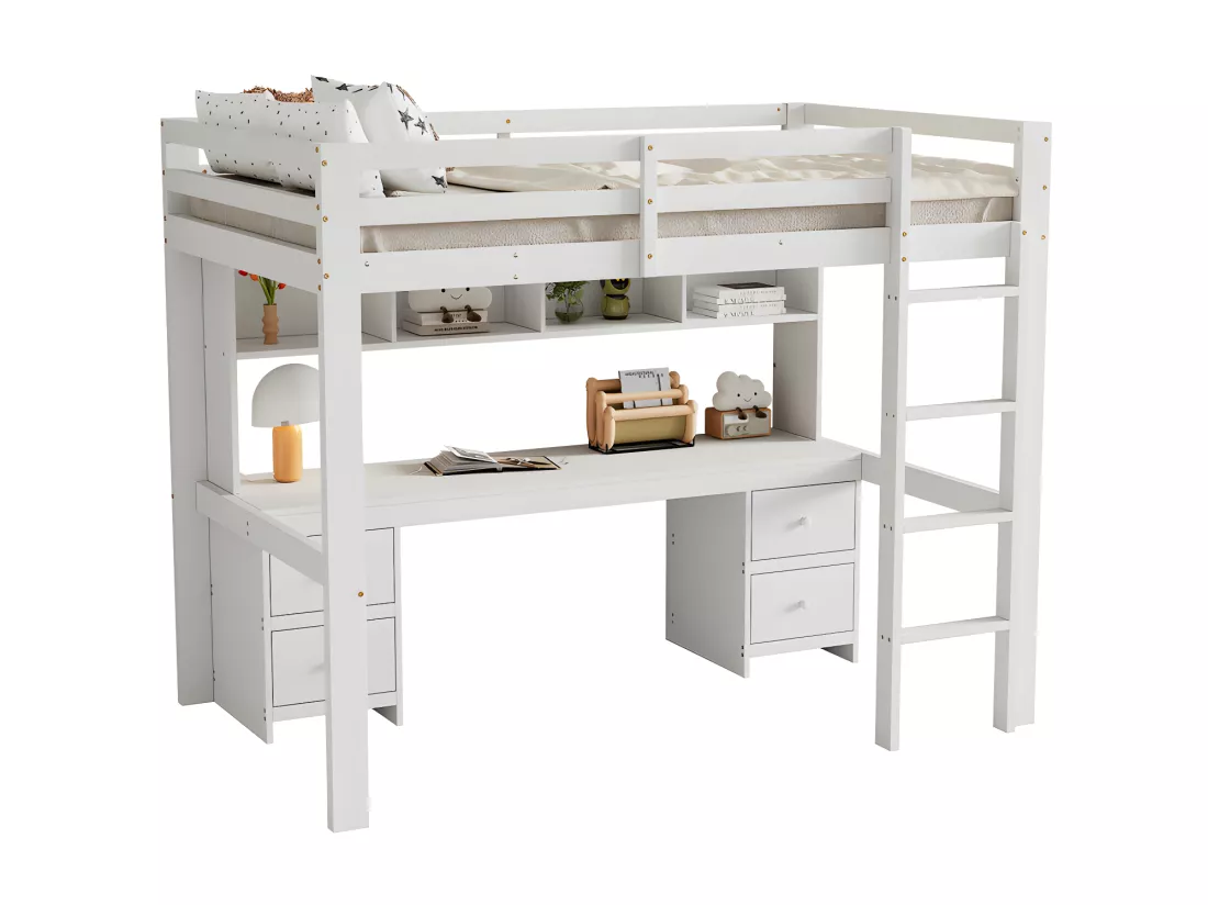 Lit mezzanine 90x200cm - avec bureau et 2 commodes - en pin massif et MDF - Blanc