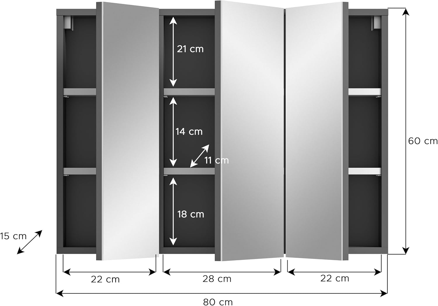 xonox.Home - Spiegelschrank Soft 80x60x15 cm in Front Spiegelfläche Korpus grau Nb - Badspiegelschrank Spiegelschränke fürs Bad - modern, praktisch und funktional