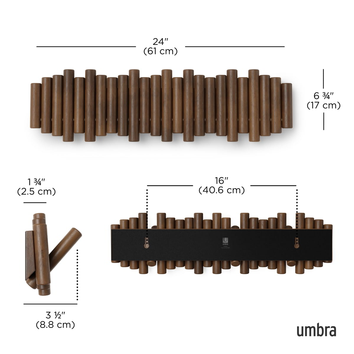 Wandkapstok Umbra Picket 8 haken Walnoot hout