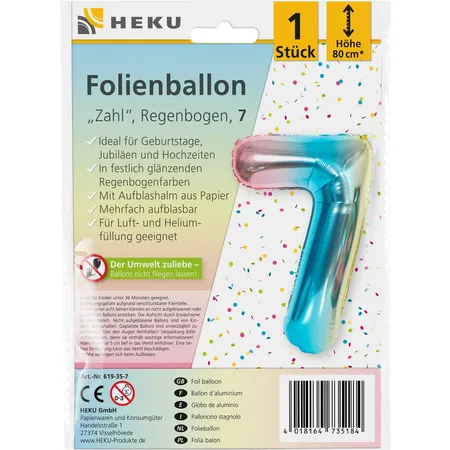 HEKU Folienballon Zahl 7, Regenbogen, mit Aufblashalm, Höhe 80cm