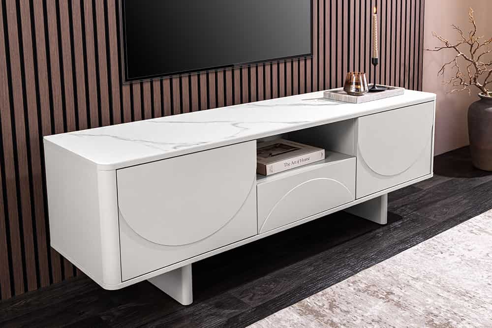 Design TV-Board SAVOY 150cm kaschmir weiß Marmor Keramik mit Stauraum und 3D-Front