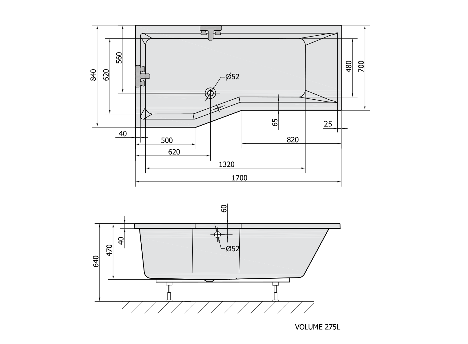 Polysan Versys asymmetrisch bad links 170x84x47cm wit