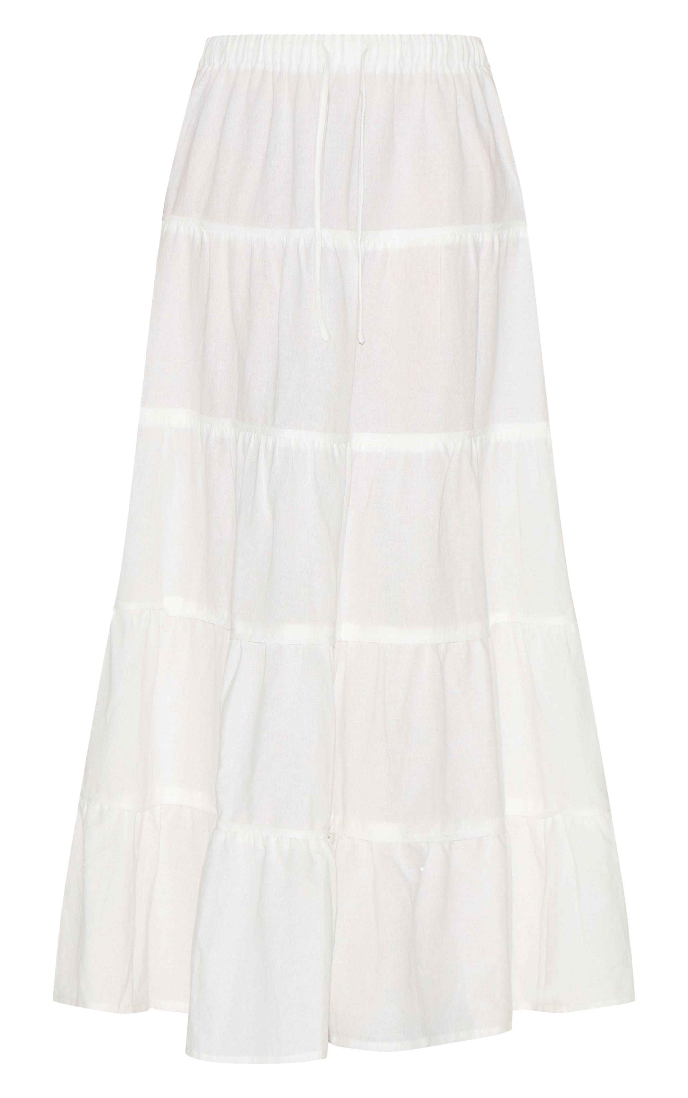 Blanc Jupe Longue En Coton À Taille Froncée Avec Cordon De Serrage