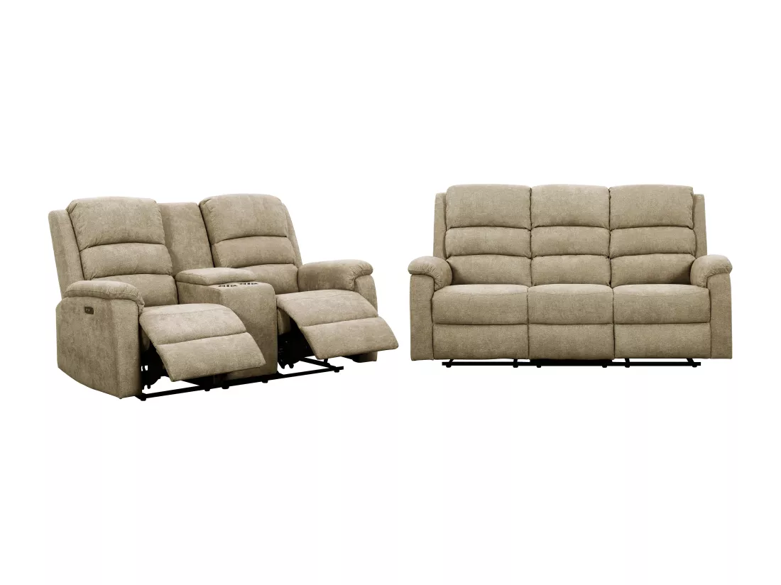 Canapés 3 places et 2 places relax électrique en tissu taupe avec tablette NEVERS