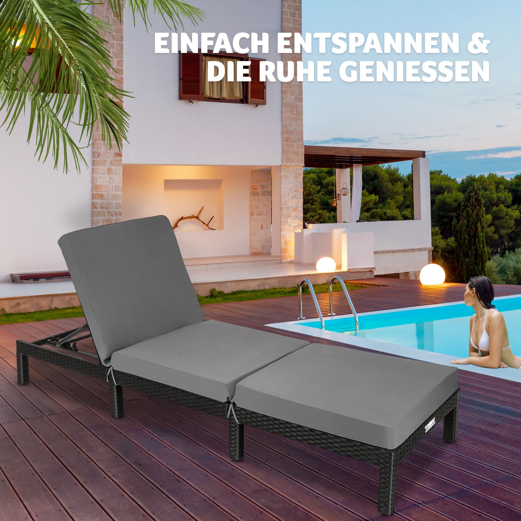 tectake® Rattan Sonnenliege, widerstandsfähig, 6-fach verstellbare Rückenlehne, 196 x 66 x 27 cm