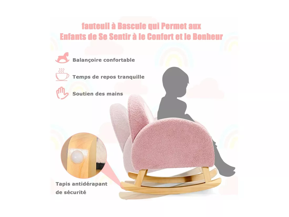 Fauteuil à Bascule Enfant en Peluche avec Dossier & Accoudoirs Confortable, Chaise à Bascule en Bois avec Joli Motif Arc-en-Ciel, Charge 50kg pour Garçon Fille de 3-5 Ans, Rose