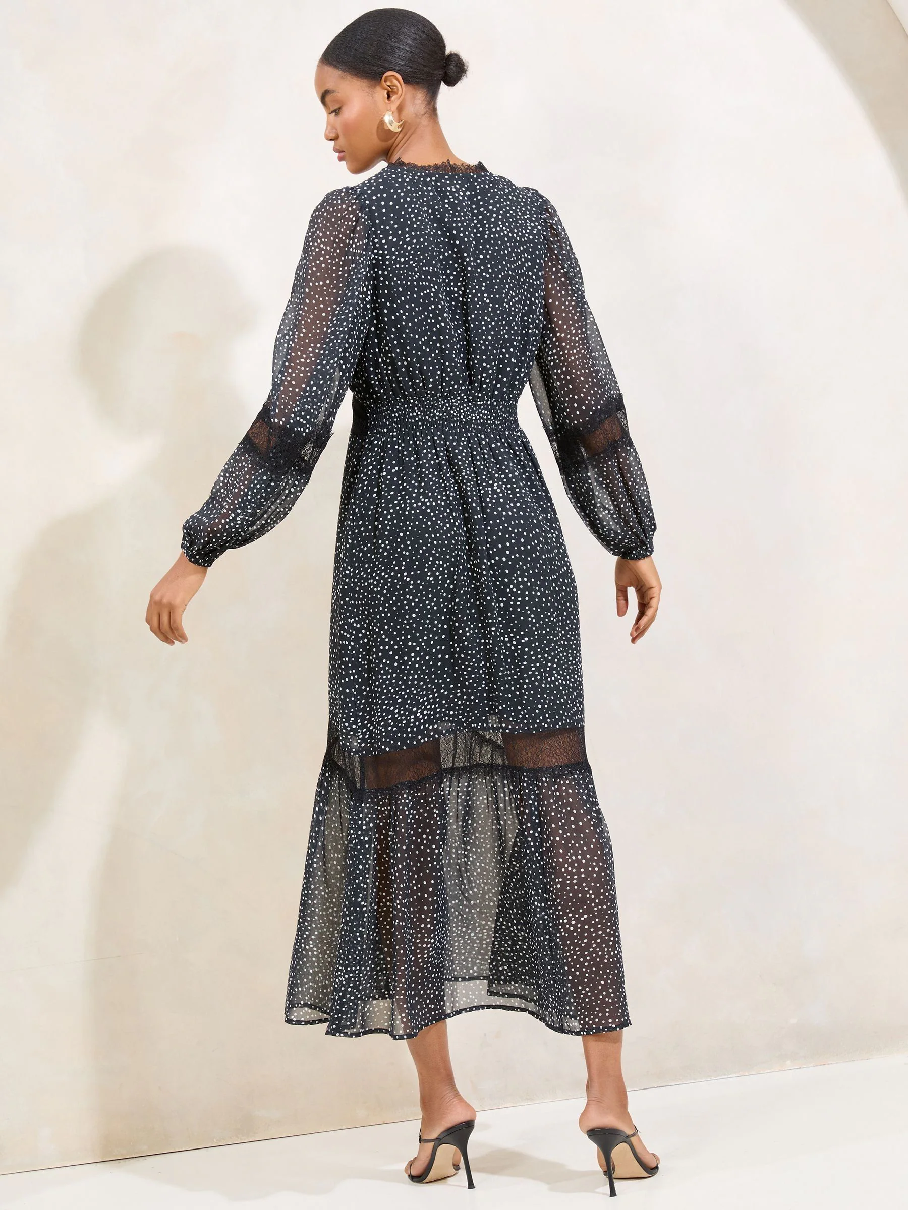 Lipsy Polka Dot Spot Lace Insert V-Neck Midaxi Dress