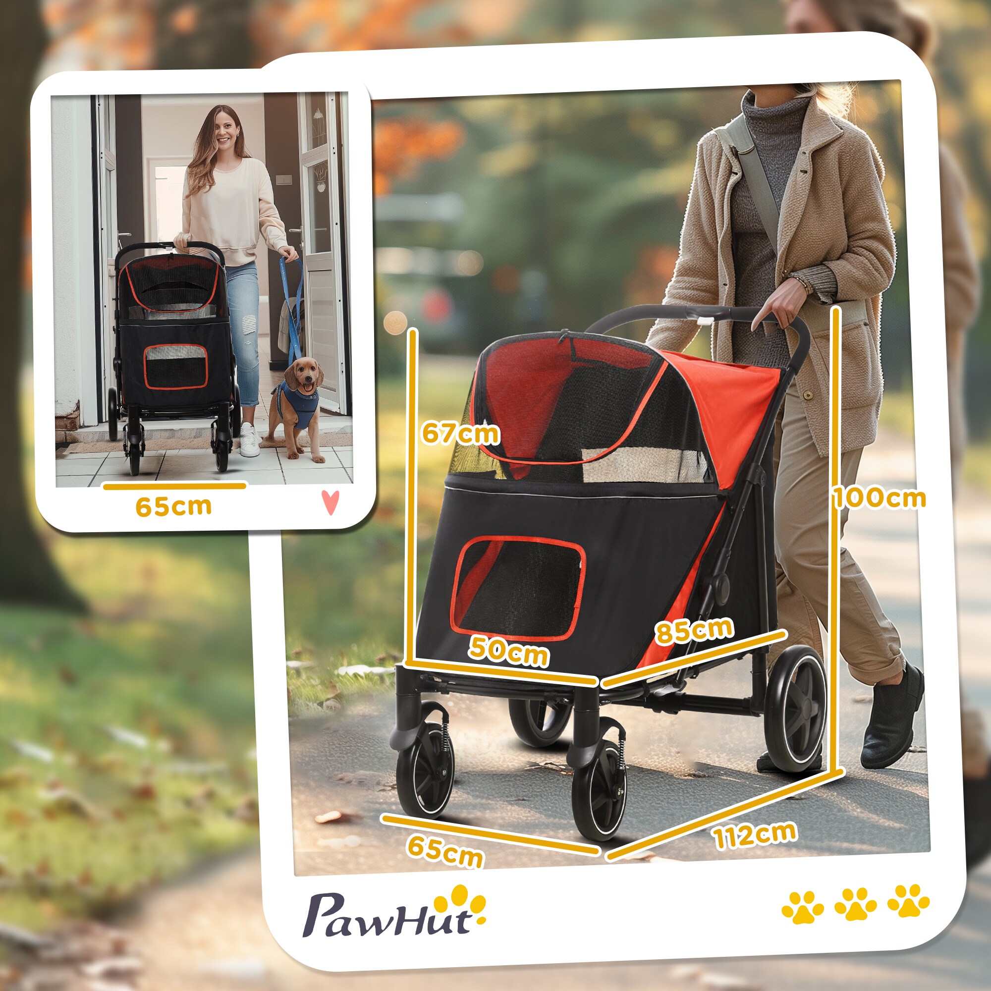 PawHut Hundebuggy mit zwei Sicherheitsleinen schwarz, rot 112L x 65B x 100H cm