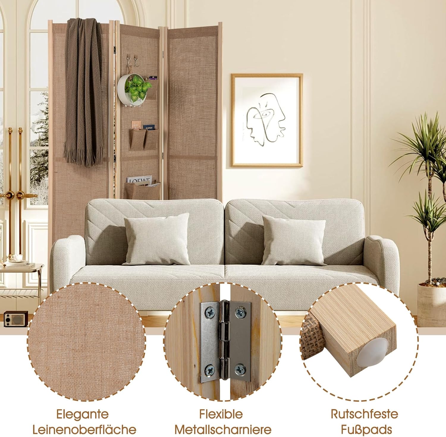 GOPLUS Raumteiler Paravent 4-teilig, 121x170 cm Trennwand mit Aufbewahrungstaschen & Haken, Raumtrenner Innen Sichtschutz faltbar für Wohnzimmer, Natur MS4518454