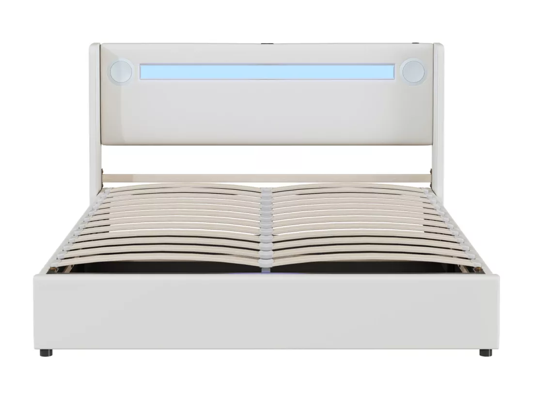 Lit coffre 140x200cm - Lit double avec sommier à lattes, tête de lit LED avec Bluetooth et port USB - en cuir PU Blanc
