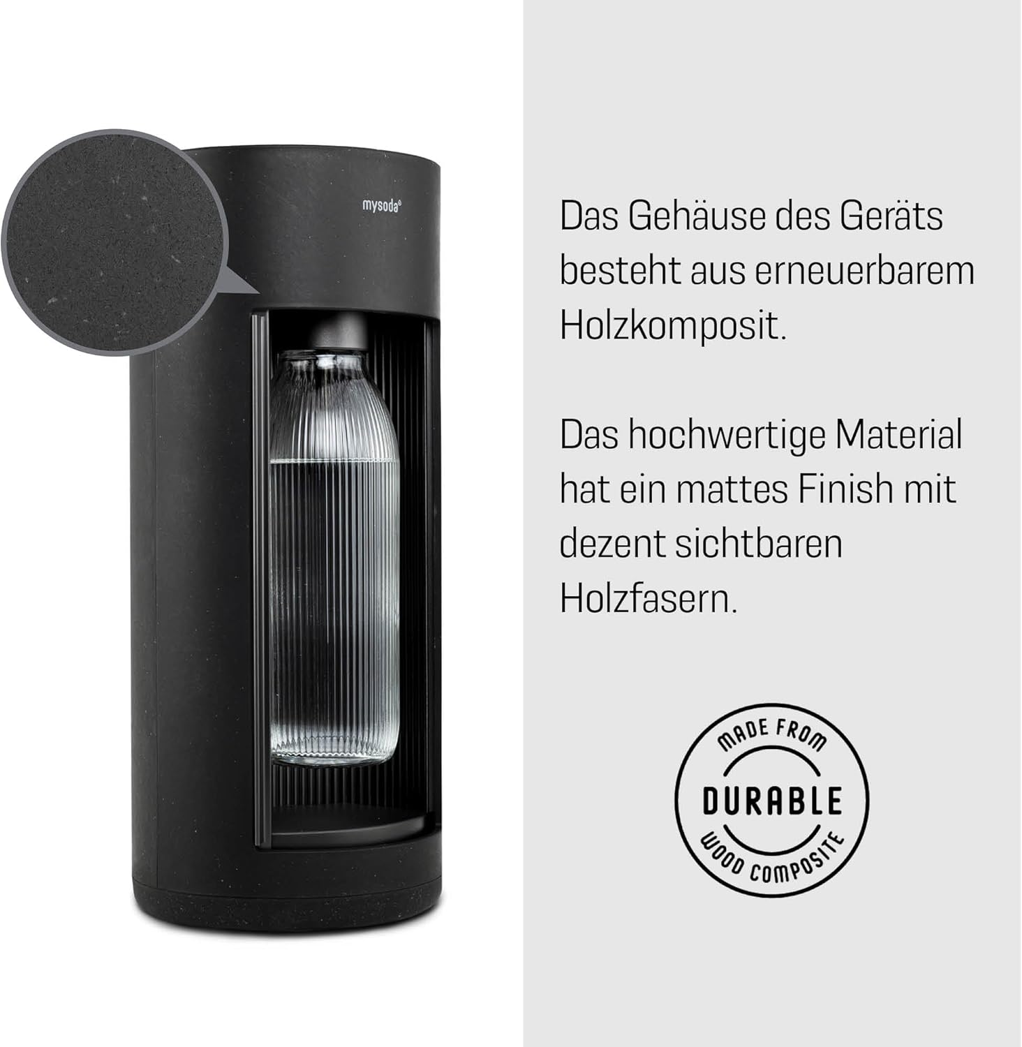 Mysoda: Stilvoller Glassy Wassersprudler aus Holzkomposit und Aluminium (ohne CO2-Zylinder) mit 1-Liter-Glasflasche & BPA-freier 1-Liter-Plastikflasche - Schwarz