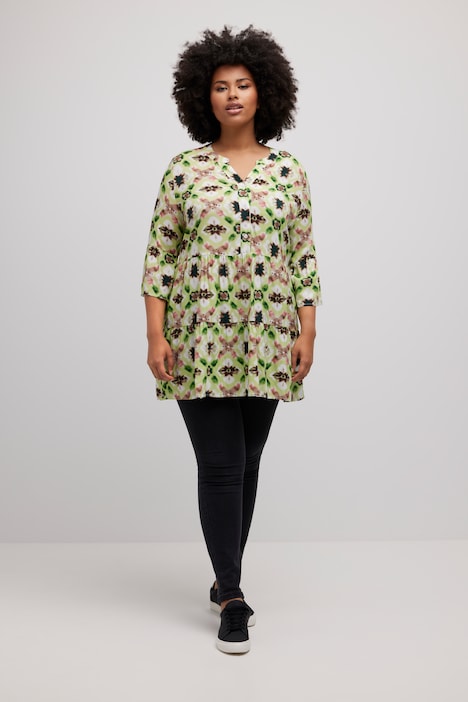 Midikleid, Volants, A-Linie, Tunika-Ausschnitt, 3/4-Arm