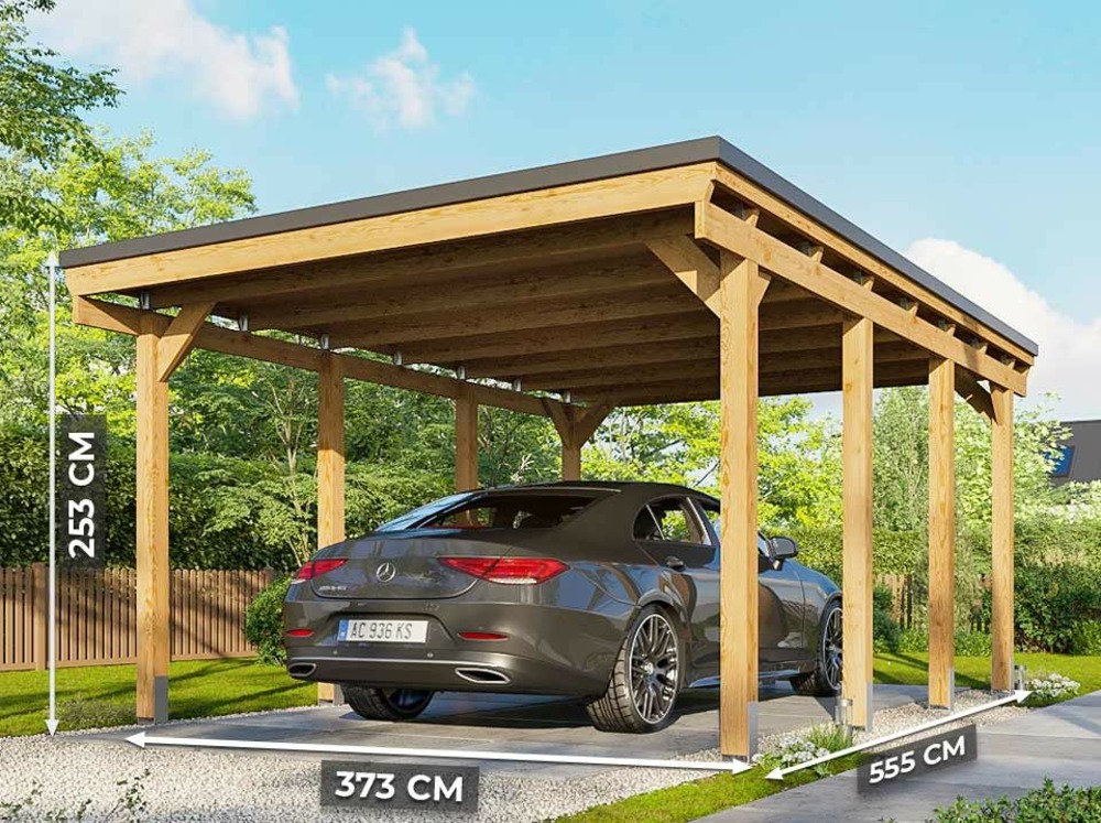 Carport bois castellane - 373x555 - panneau latéral intégré - toiture en bois + feutre bitumeux - abri 1 voiture