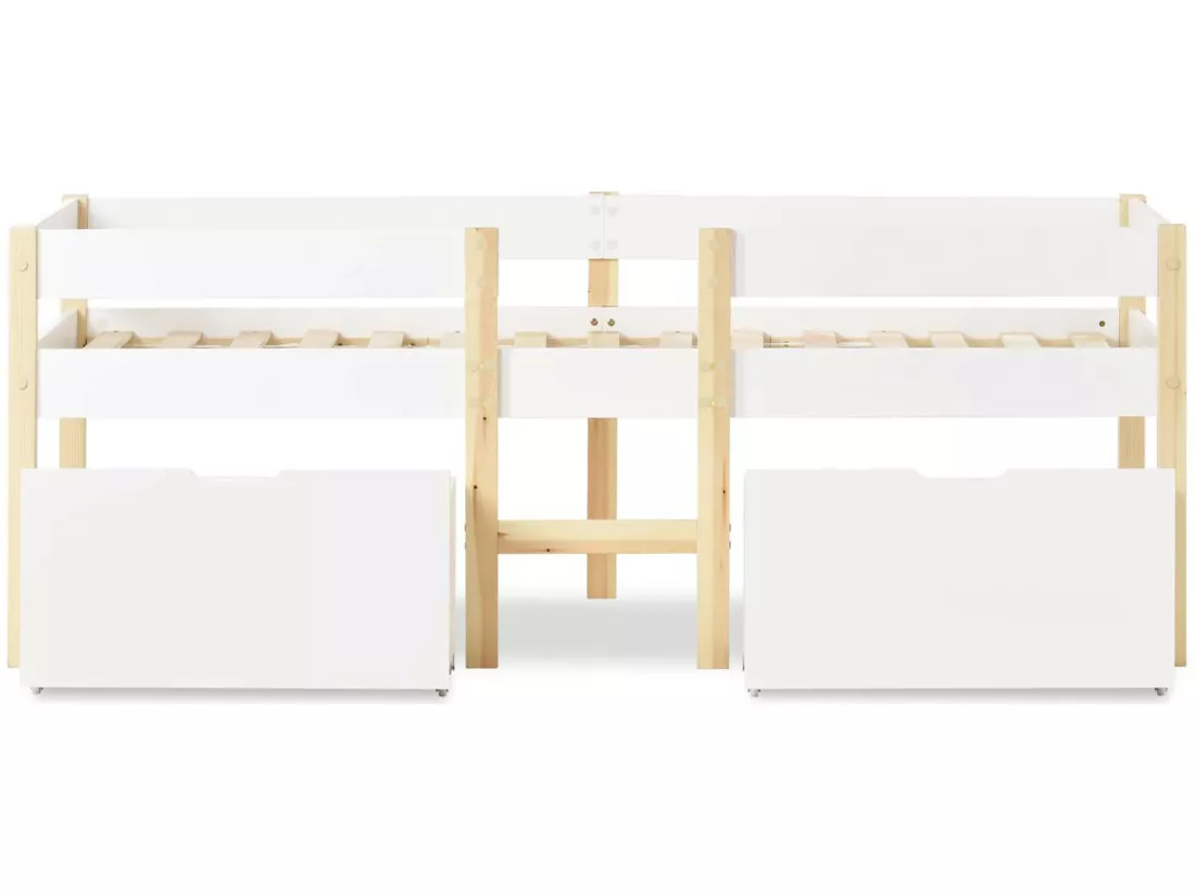 Lit mezzanine en pin massif avec tiroirs - 90x200 cm - Blanc