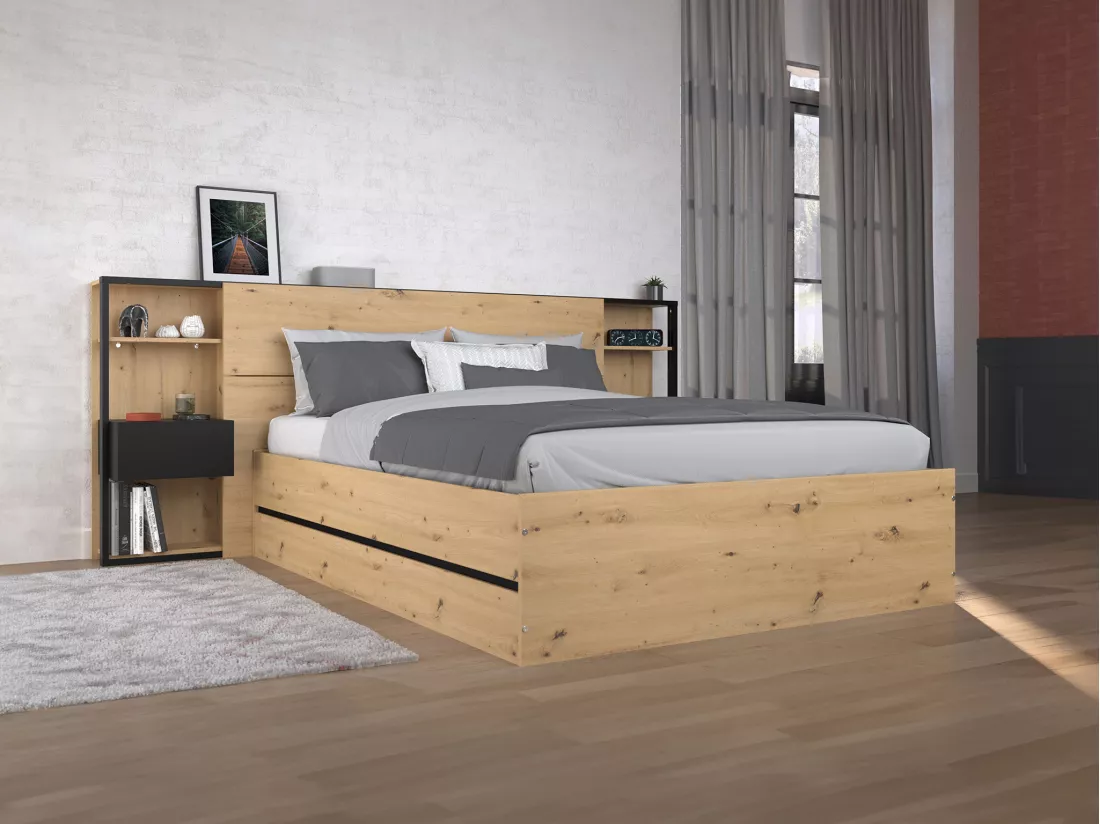 Lit coffre 140 x 190 cm avec chevets - Coloris : Naturel et noir - LUDARO