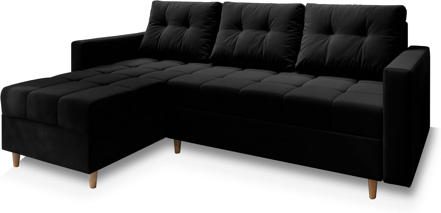 Masseno Ecksofa Milo L mit Schlaffunktion L-Form, Sofa mit Bettkasten, Wohnzimmersofa, Couch, Soffa, Bettsofa, Couchgarnitur- Schwarz, Kronos 07