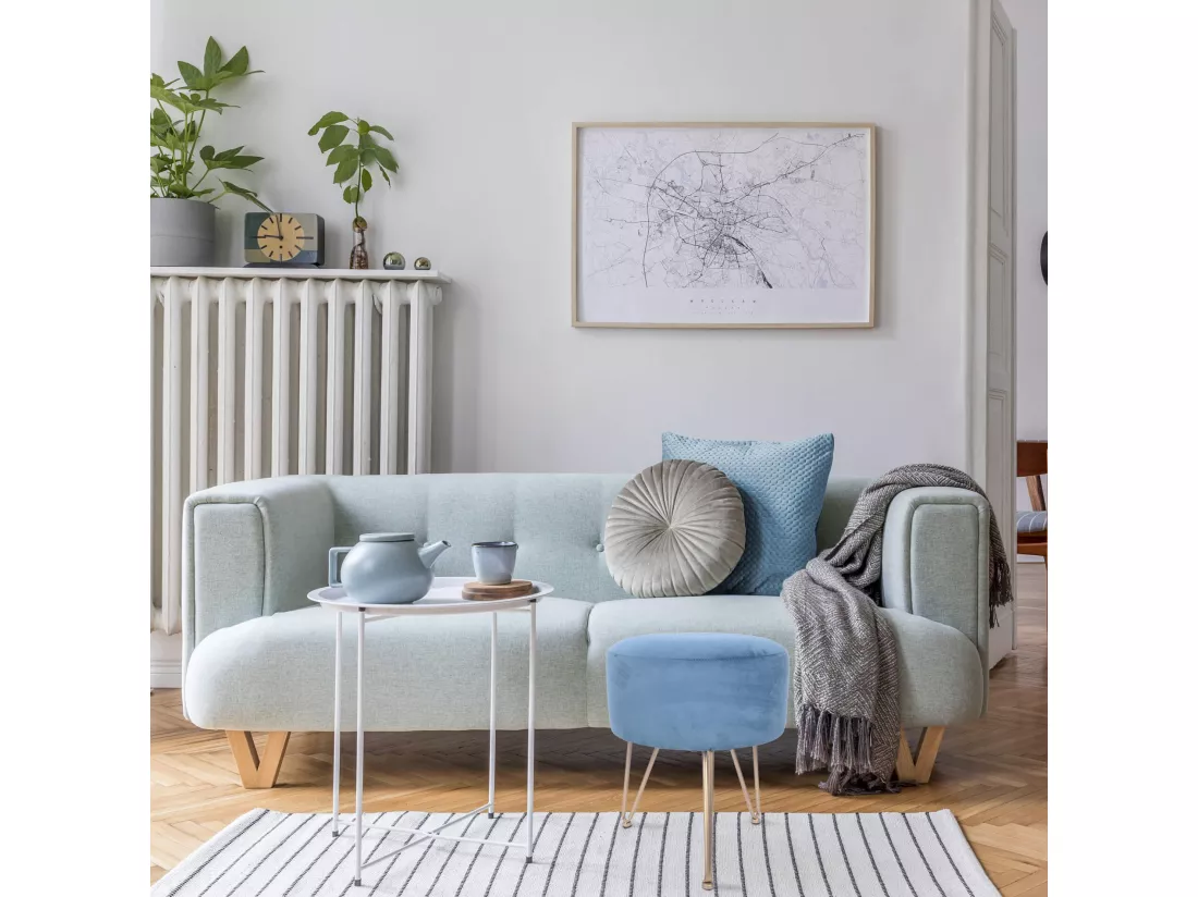 Tabouret Rembourré Pouf en Velours Bleu pour Salon Chambre à Coucher