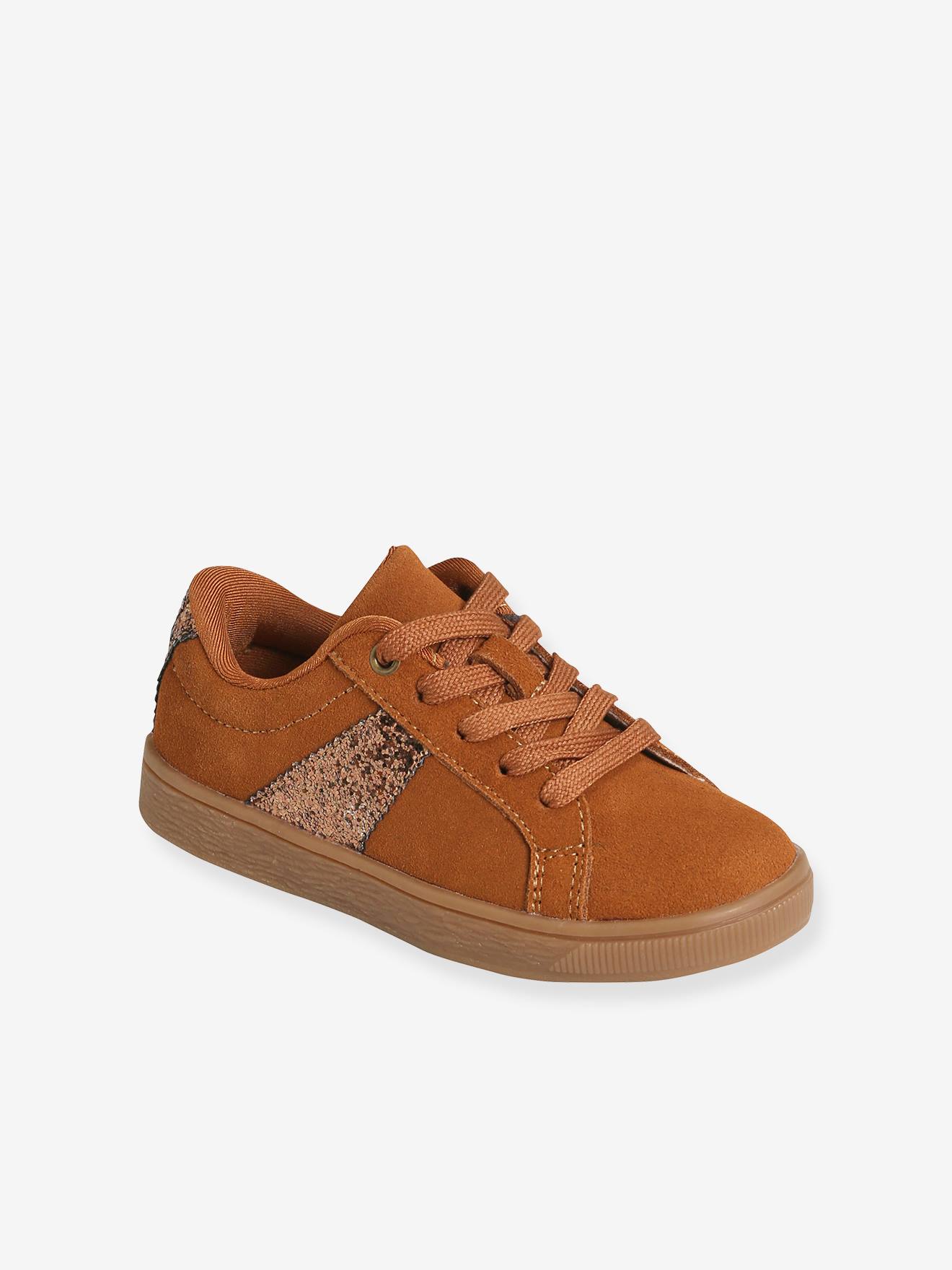 Tênis de couro com cadarço e zíper, para meninas, marrom médio, bicolor/multicolorido